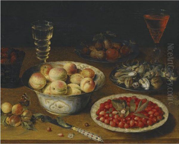 A Still Life With Peaches, Fraises De Bois, Mulberries And Plums,together With A Plate Of Hazelnuts And Walnuts, A Knife And Twowine Glasses On A Wooden Tabletop Oil Painting by Osias, the Elder Beert