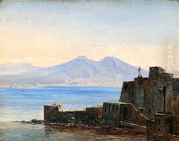 View Of The Bay Of Naples With Vesuvius In The Background Oil Painting by Thorald Laessoe