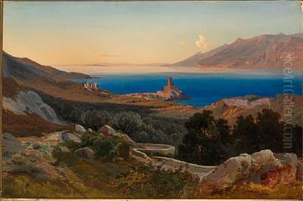 View Of Lago Di Garda With Melcesine Oil Painting by Thorald Laessoe