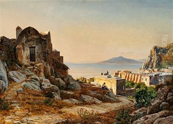 View From Capri With Mount Vesuvius In The Background Oil Painting by Thorald Laessoe