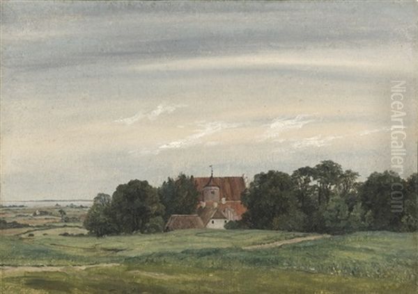 Prospekt Af Herregarden Lerkenfeldt Ved Viborg, I Forgrunden Engareal Og Hovedbygningen Omgivet Af Store Traer, I Baggrunden Det Abne Land, Sommer Oil Painting by Thorald Laessoe