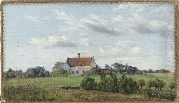 Prospekt Af Herregarden Nakkebolle Pa Fyn, I Forgrunden Vilde Blomster Og Levende Hegn, I Baggrunden Den Hvidkalkede Renaissancehovedbygning Omkranset Af Store Traer, Sommer Oil Painting by Thorald Laessoe