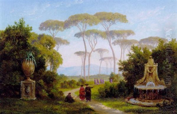 Gejstlige I Lilla Praestekjoler Pa Spadseretur I Villa Borgheses Have Oil Painting by Thorald Laessoe