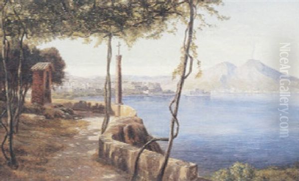 Parti Fra Napolibugten Med Udsigt Mod Napoli Og Vesuv Oil Painting by Thorald Laessoe