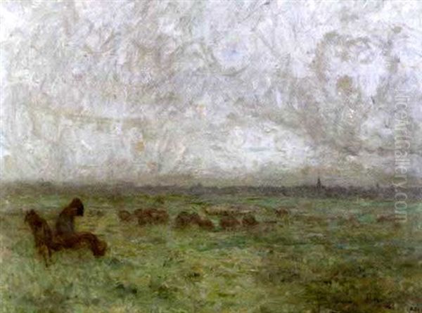 Berger Et Troupeau Dans La Brume Oil Painting by Alois De Laet