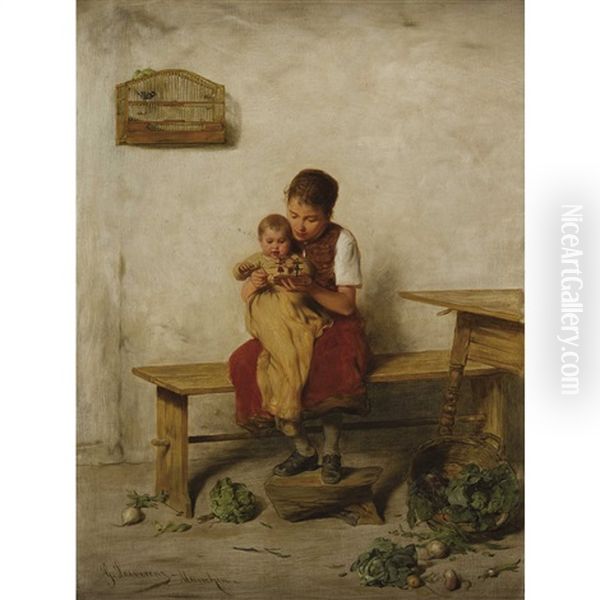 Geschwisterpaar Mit Spielzeugfiguren Oil Painting by Gustav Laeverenz