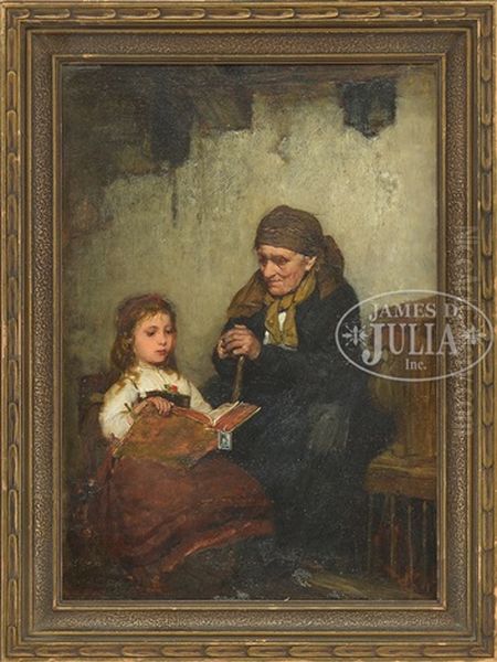 Child Reading To Grandmother Oil Painting by Gustav Laeverenz