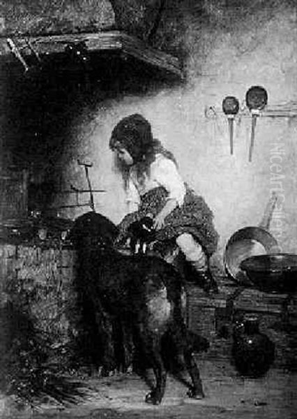 Warmed By The Fire: An Interior Scene With Girl And Dog Before A Hearth Oil Painting by Gustav Laeverenz