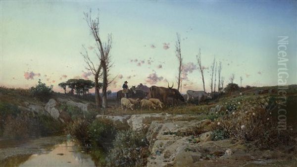 A Pastoral Landscape In The Roman Campagna Oil Painting by Giuseppe Laezza