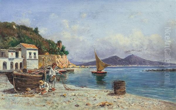 Pescatori Con Scorcio Del Golfo Di Napoli E Vesuvio Oil Painting by Giuseppe Laezza