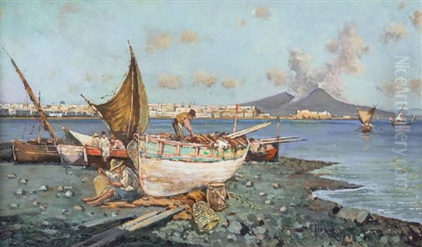 Marina Di Napoli Con Pescatori E Veduta Del Vesuvio Oil Painting by Giuseppe Laezza