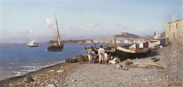 Neapolitan Fishermen With Nets At The Shore Oil Painting by Giuseppe Laezza