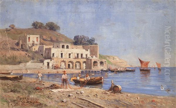 Marina Di Ischia Con Pescatori A Riva Oil Painting by Giuseppe Laezza