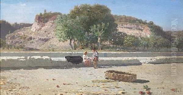 A Summer Day In The Italian Campagna With Two Figures Resting By The Roadside Oil Painting by Giuseppe Laezza