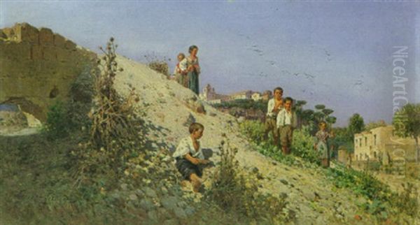 Neapolitanische Landschaft Mit Spielenden Kindern Am Hang Oil Painting by Giuseppe Laezza