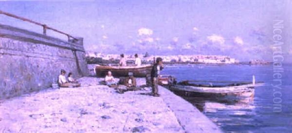 Neapolitan Boys On The Quay With Castel Del'ovo Behind Oil Painting by Giuseppe Laezza