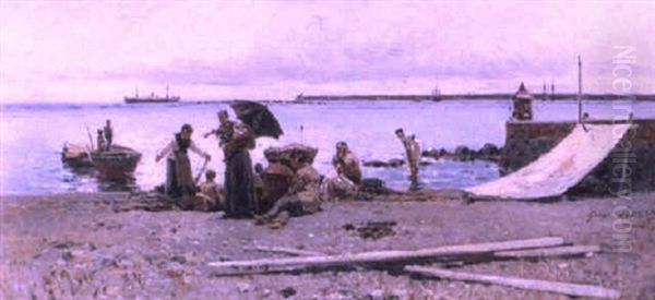 Neapolitan Fisherwomen On The Beach Oil Painting by Giuseppe Laezza