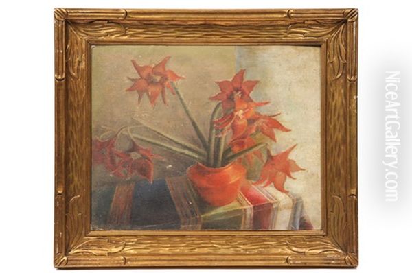 Red Flowers In Red Pot On Indian Tablecloth Oil Painting by Mabel Hooper LaFarge