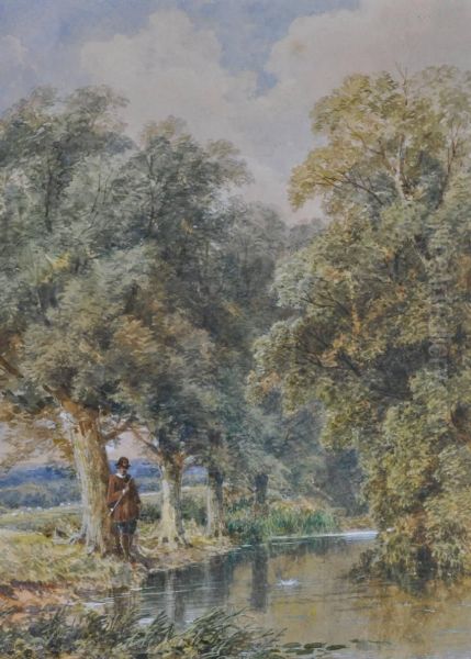 Fisherman On A Rural Riverbank Oil Painting by George Law Beetholme