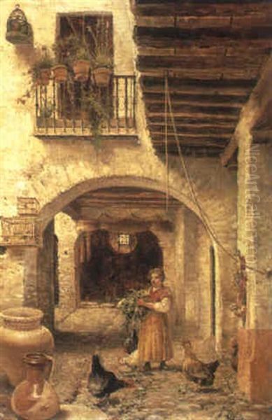 Feeding Poultry In A Courtyard Oil Painting by Jose Lafita y Blanco