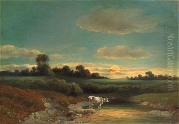 Cow By A Pond In A Landscape With Rising Moon Oil Painting by Carl Lafite