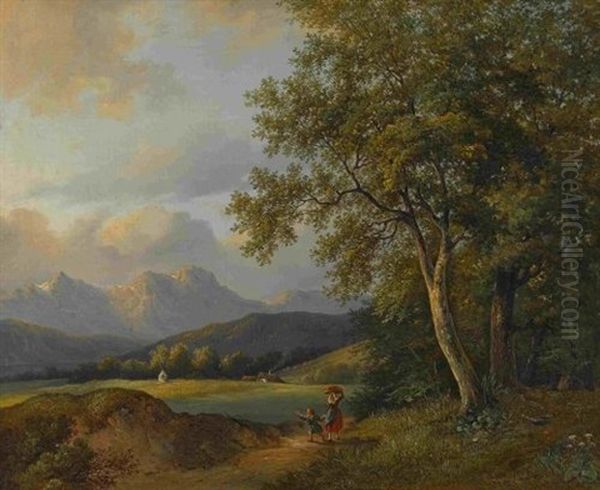 Vorgebirgslandschaft Mit Junger Bauerin Und Ihrem Kind Am Fluss Spazierend Oil Painting by Carl Lafite