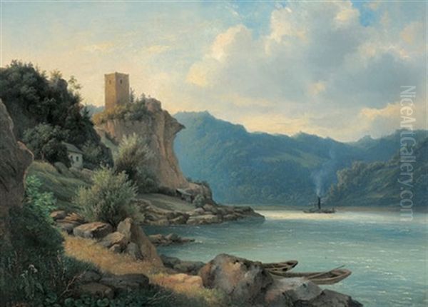 Ein Dampfschiff Auf Der Donau, Links Eine Ruine Oil Painting by Carl Lafite