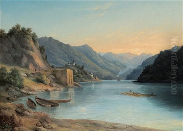 Flosser Auf Der Donau, Links Am Ufer Eine Kirche Oil Painting by Carl Lafite