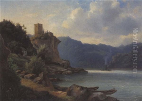 Ein Dampfschiff Auf Der Donau, Links Eine Ruine Oil Painting by Carl Lafite