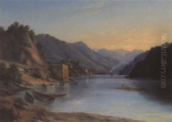 Flosser Auf Der Donau, Links Am Ufer Eine Kirche Oil Painting by Carl Lafite