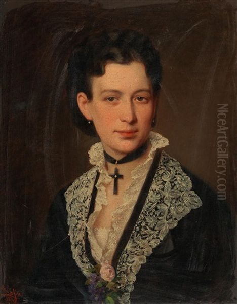 Portrait Of A Lady In A Black Dress With Lace Collar Oil Painting by Ernst Lafite