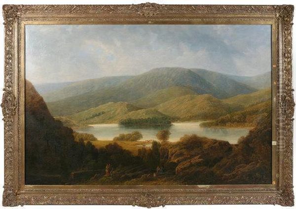 Extensive Mountainous Landscape View Of Lough Lomond With Cattle And Figures In Foreground Oil Painting by George Law Beetholme