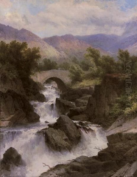 A Waterfall In A Mountainous Landscape Oil Painting by George Law Beetholme