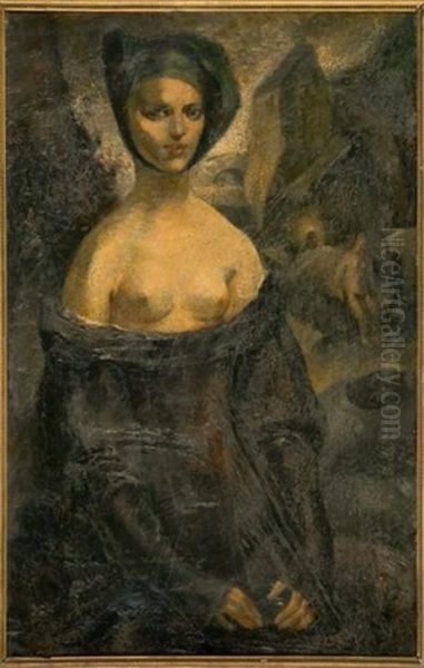 Jeune Femme Aux Seins Denudes Et Composition Geometrique (recto-verso) Oil Painting by Luc Lafnet