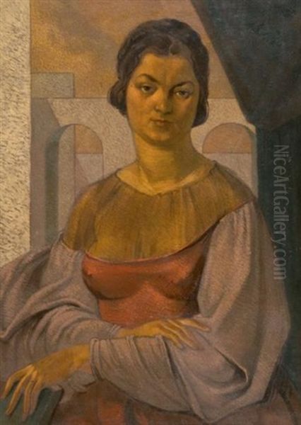 Portrait De Jeanne Lafnet En Tenue Renaissance Sur Un Fond D'architecture Oil Painting by Luc Lafnet