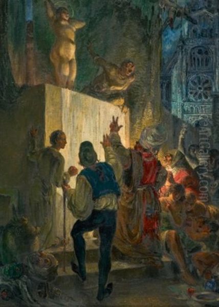 Scene De Comedie Sur La Place D'une Eglise Oil Painting by Luc Lafnet