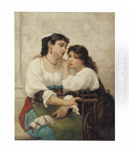 Mother And Daughter At The Spinning Wheel Oil Painting by Francois Lafon