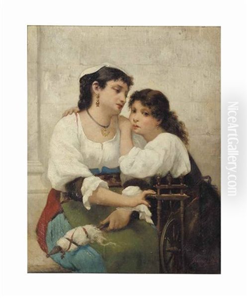 Mother And Daughter At The Spinning Wheel Oil Painting by Francois Lafon