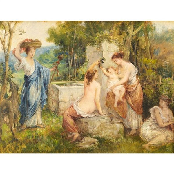 Bathers At A Fountain Pool by Francois Lafon