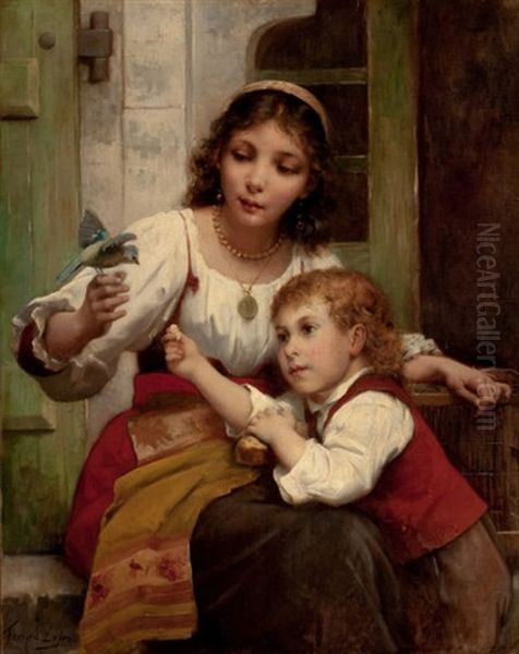 Child And Mother With Bird Oil Painting by Francois Lafon