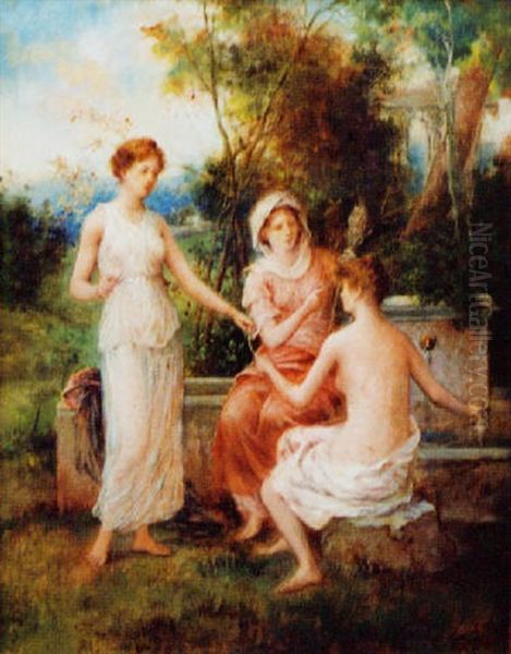 Jeunes Femmes Pres D'une Fontaine Oil Painting by Francois Lafon