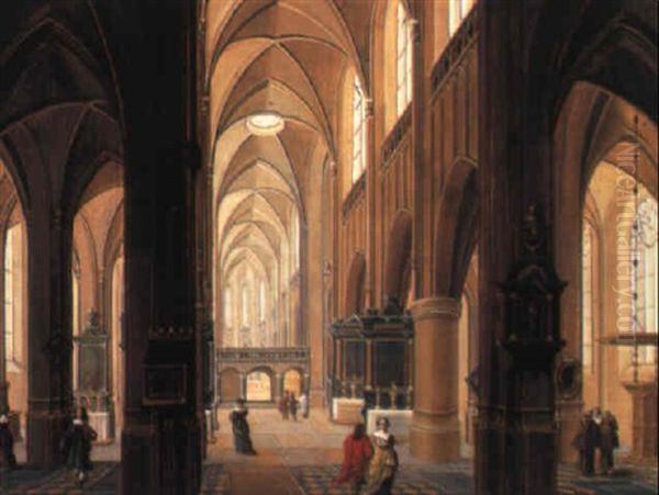 Church Interior With Figures Oil Painting by Pierre-Joseph Lafontaine