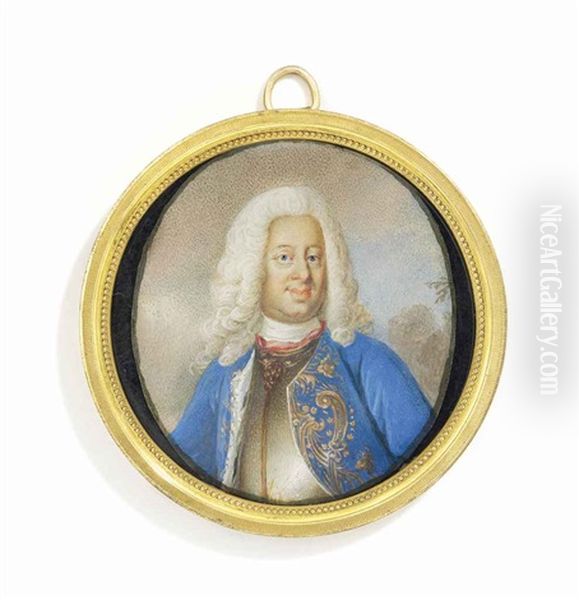 Frederick I (1676-1751), King Of Sweden, In Gilt-edged Silver Breastplate, Gold Embroidered Blue Coat With Ermine Lining, Long Powdered Curling Wig Oil Painting by Niclas Lafrensen the Elder