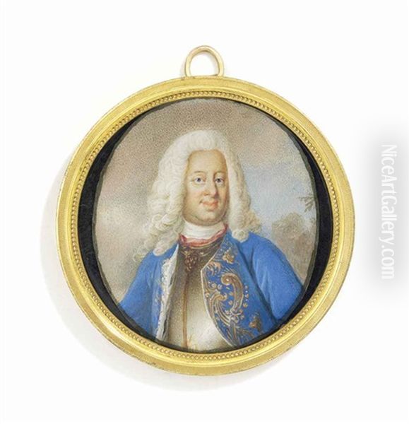 Frederick I (1676-1751), King Of Sweden, In Gilt-edged Silver Breastplate, Gold Embroidered Blue Coat With Ermine Lining, Long Powdered Curling Wig; Landscape Background Oil Painting by Niclas Lafrensen the Elder