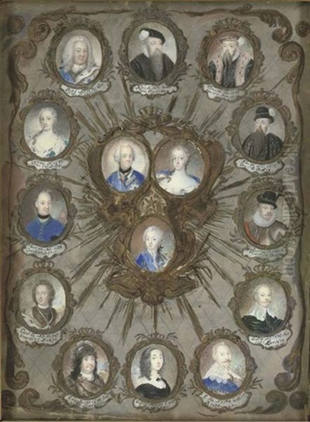 Portraits Of The Twelve Kings And Queens Of Sweden From Gustavus I To Frederick I With Portraits Of King Adolphus Frederick, Queen Louise Ulrika And Their Son The Future King Gustavus Iii Oil Painting by Niclas Lafrensen the Elder