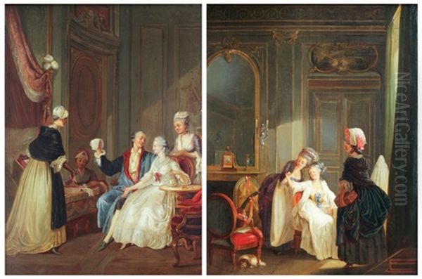 Jeune Femme Admirant Une Boucle D'oreille (+ Jeune Femme Examinant Une Bonnet De Dentelle; Pair) Oil Painting by Niklas Lafrensen the Younger