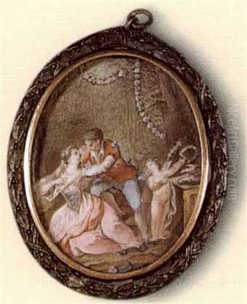 Deux Jeunes Galants Dans Un Sous-bois Pres D'un Angelot Couronnant Deux Colombes Sur L'autel D'amour Oil Painting by Niklas Lafrensen the Younger