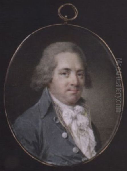 A Gentleman Wearing Grey Coat With Silver Buttons, Yellow Waistcoat Edged With Greek-key Pattern And White Cravat, His Hair Powdered Oil Painting by Niklas Lafrensen the Younger