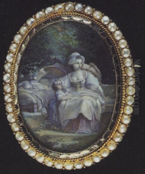 The Good Mother, An Outdoor Scene Of A Mother And Her Children, One Leans On Her Lap, The Other Reclines On A Bed Oil Painting by Niklas Lafrensen the Younger