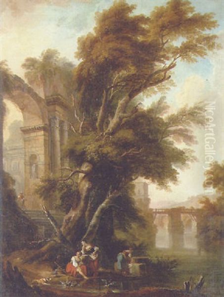 A Classical Landscape With Washerwomen Beside Ruins On A Riverbank, A Bridge Beyond Oil Painting by Niklas Lafrensen the Younger